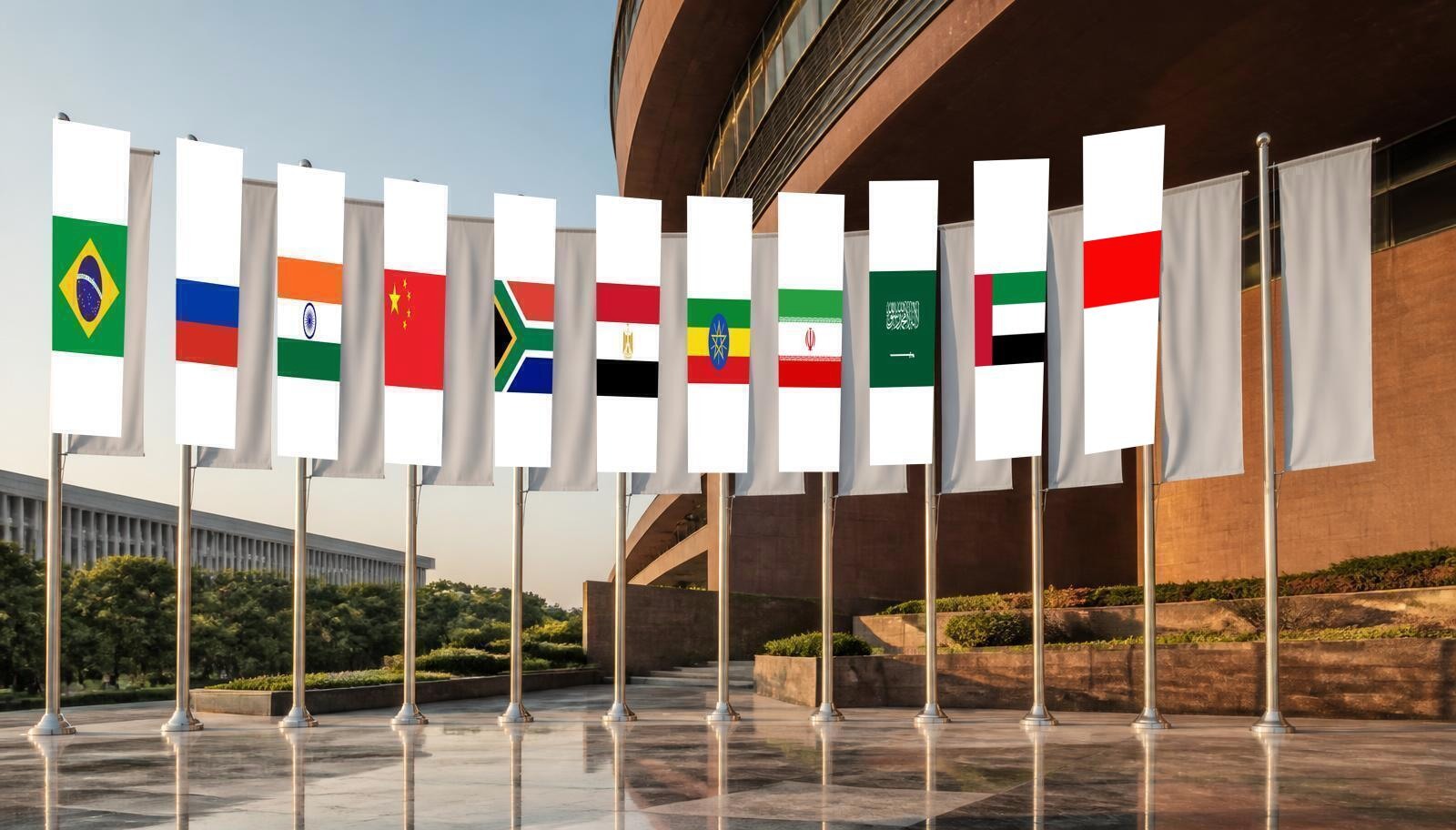 Flags of the eleven BRICS member countries in New Delhi during the BRICS Summit 2026.