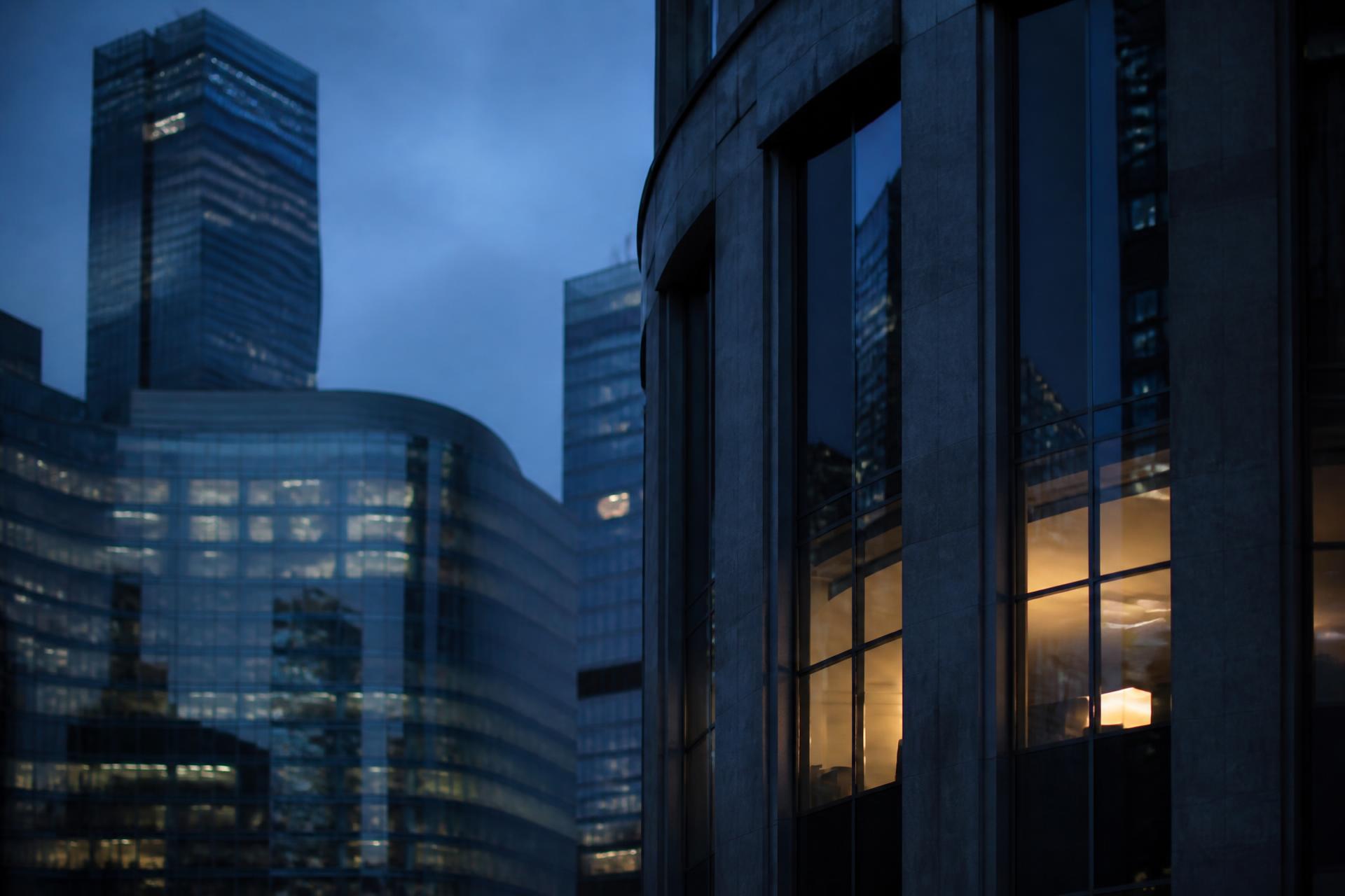 International financial district at blue hour